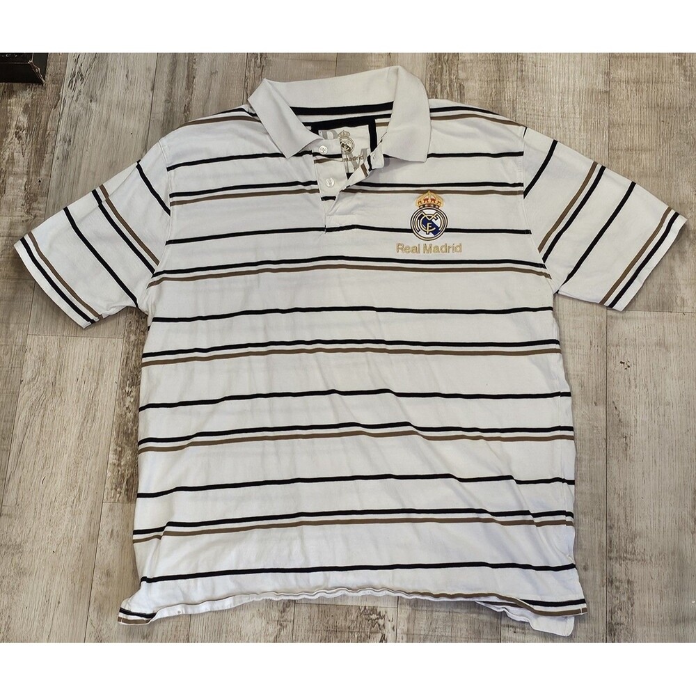 Vintage 09/10 Real Madrid Polo Shirt Men's XXL Striped Embroidered Football